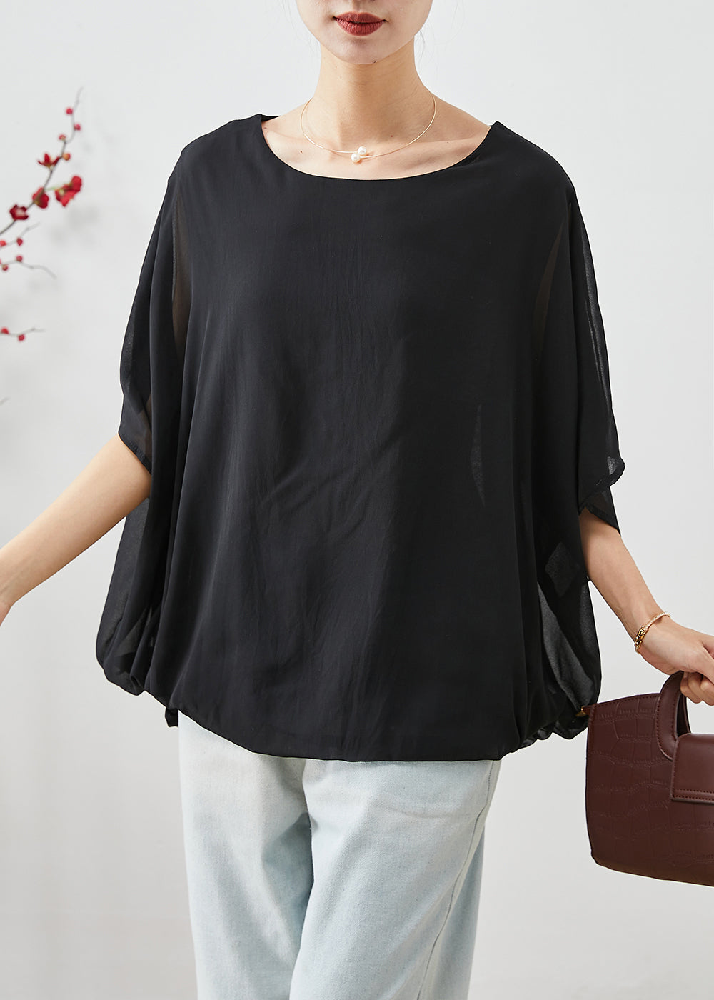 Stylish Black O-neck Oversized Chiffon Tanks Summer