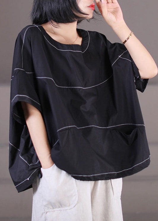Stylish Black O-neck Oversized Drawstring Cotton Tank Top Short Sleeve