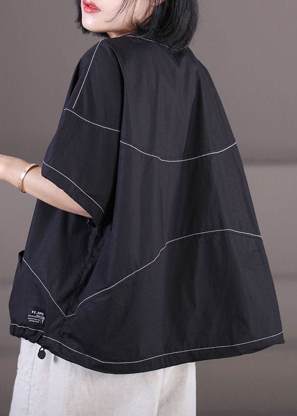 Stylish Black O-neck Oversized Drawstring Cotton Tank Top Short Sleeve