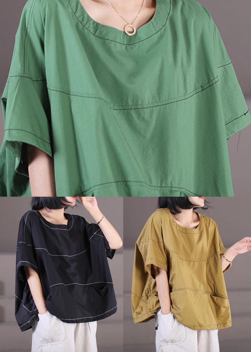 Stylish Black O-neck Oversized Drawstring Cotton Tank Top Short Sleeve
