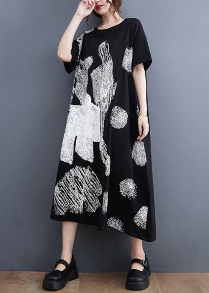 Stylish Black O-neck Oversized Print Cotton Long Dress Summer