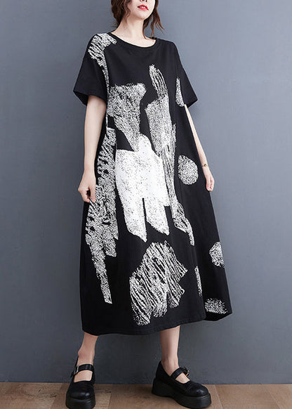 Stylish Black O-neck Oversized Print Cotton Long Dress Summer
