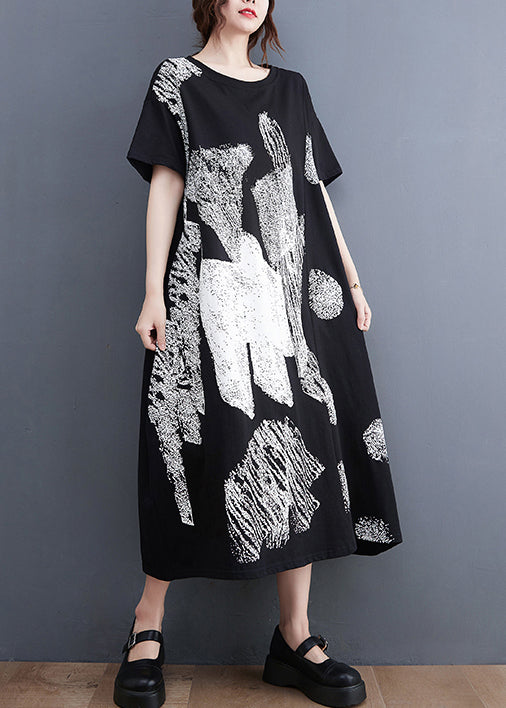 Stylish Black O-neck Oversized Print Cotton Long Dress Summer