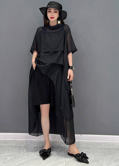 Stylish Black O-neck Patchwork Dress Short Sleeve