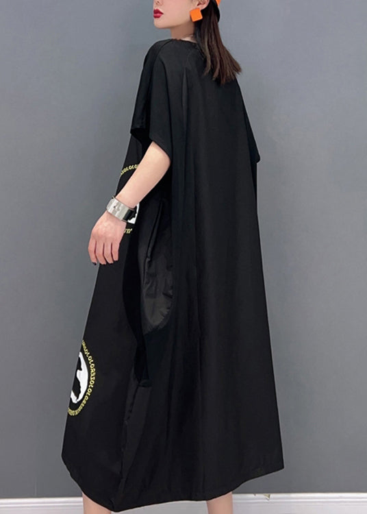 Stylish Black O-neck Patchwork Print Vacation Long Dresses Short Sleeve