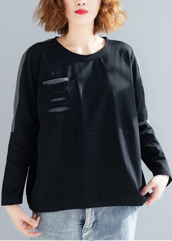 Stylish Black O-neck Patchwork Ripped Cotton Sweatshirts Tops Spring