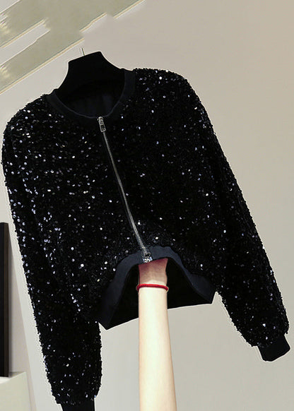 Stylish Black O-neck Patchwork Sequins Silk Velvet Coat Spring