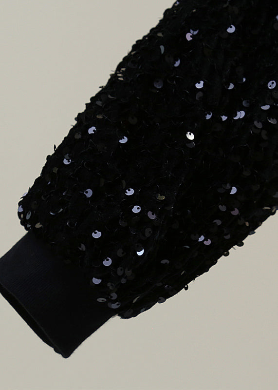 Stylish Black O-neck Patchwork Sequins Silk Velvet Coat Spring
