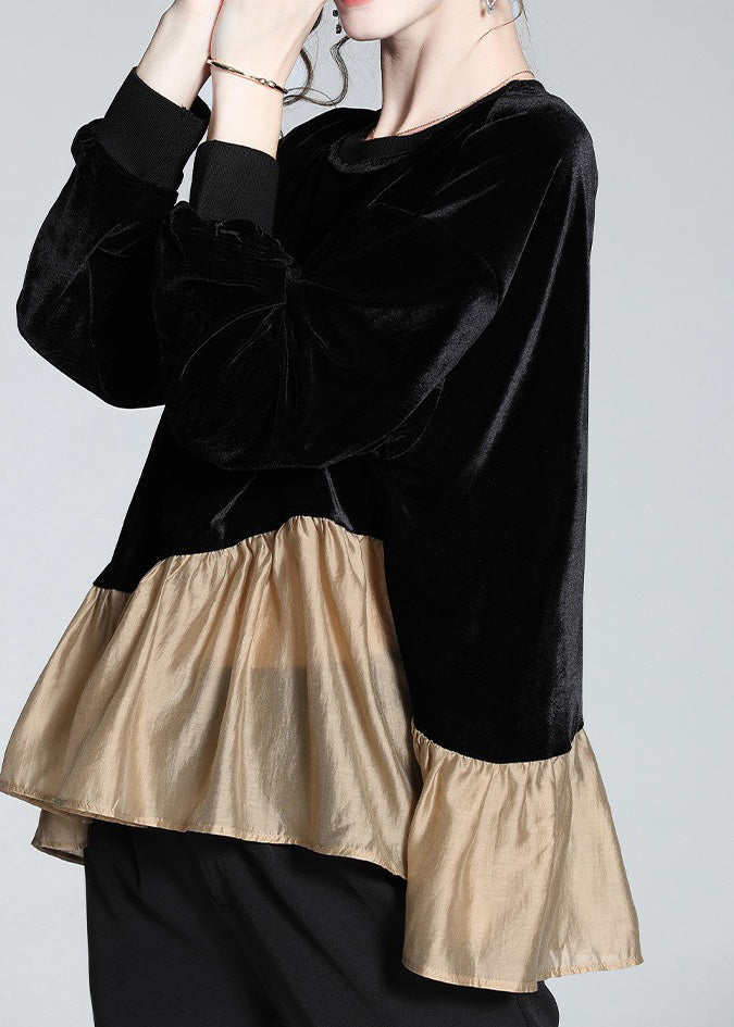 Stylish Black O-neck Patchwork Velour T Shirt Spring