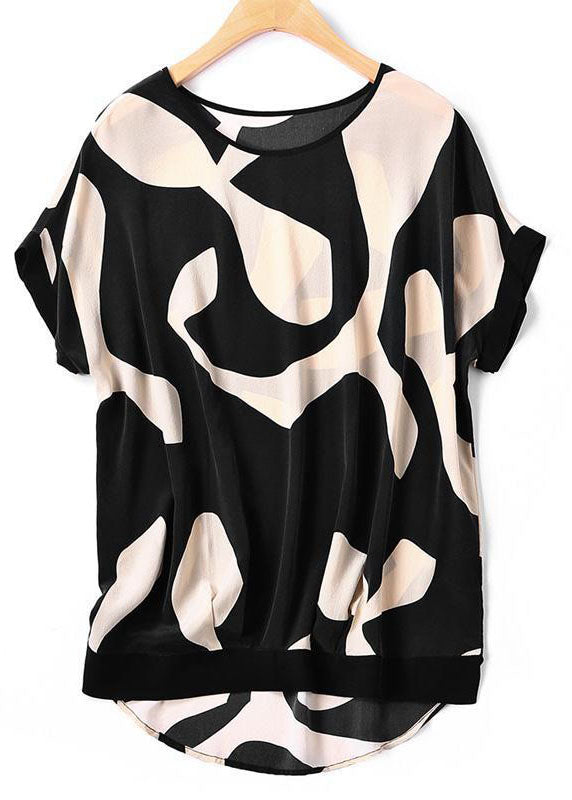 Stylish Black O-neck Print Low High Design Chiffon Tanks Short Sleeve