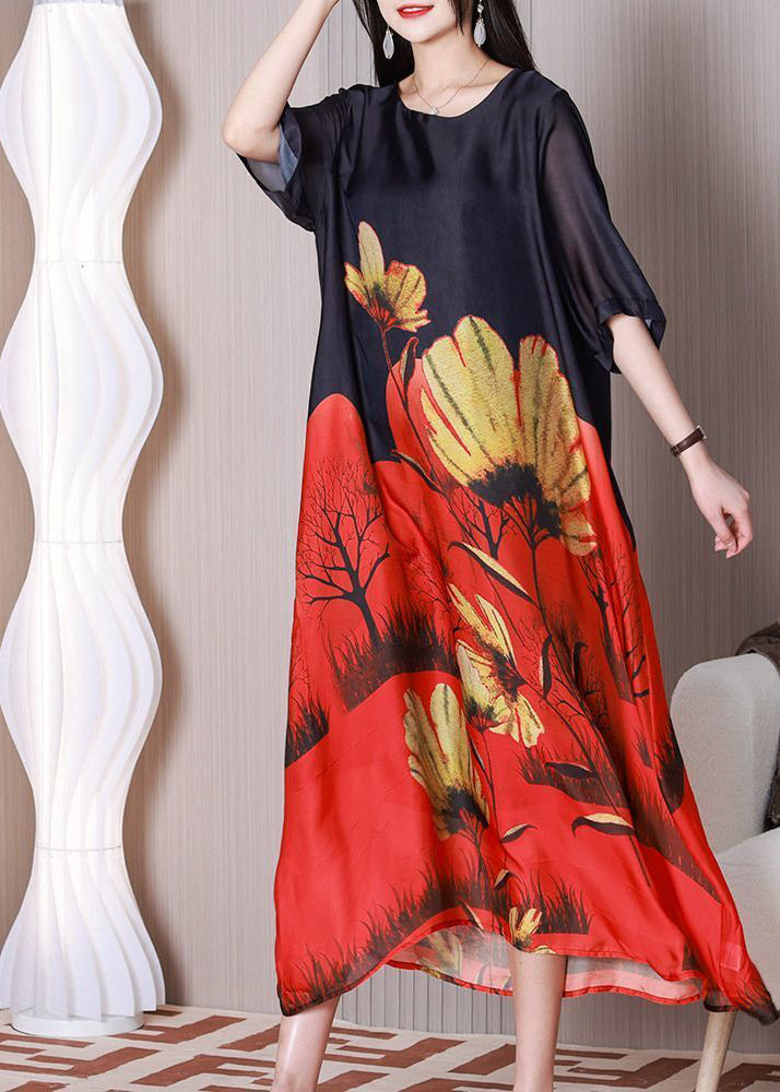 Stylish Black O-neck Print Silk Holiday Dress Half Sleeve