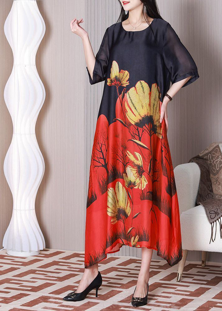 Stylish Black O-neck Print Silk Holiday Dress Half Sleeve