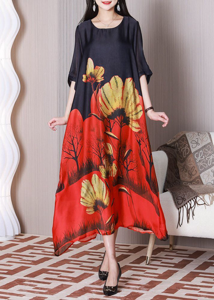 Stylish Black O-neck Print Silk Holiday Dress Half Sleeve