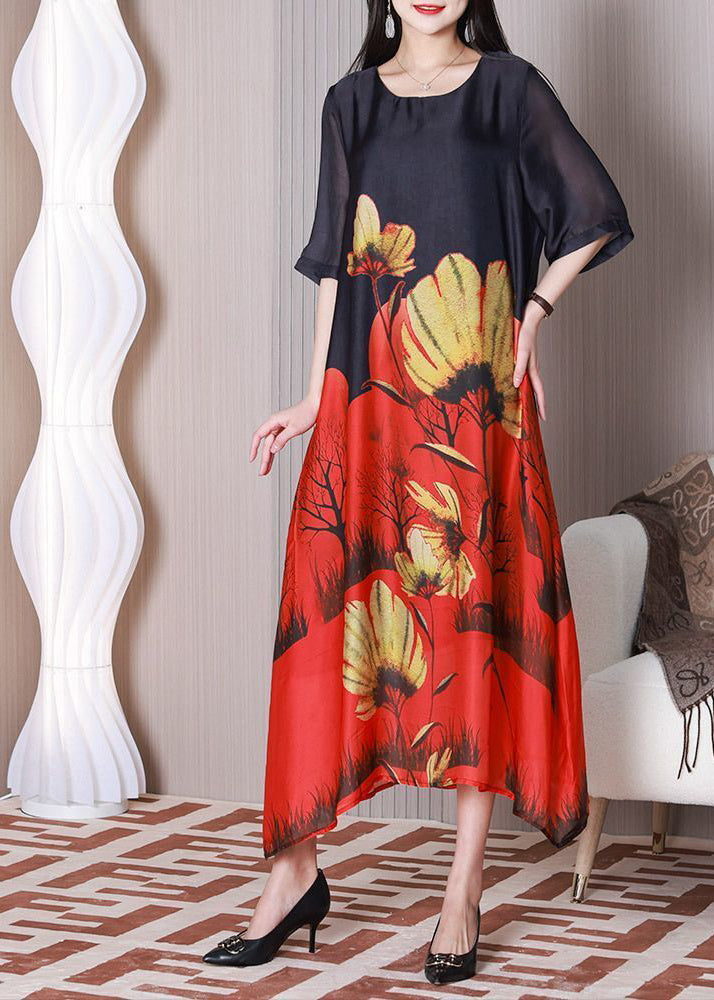Stylish Black O-neck Print Silk Holiday Dress Half Sleeve