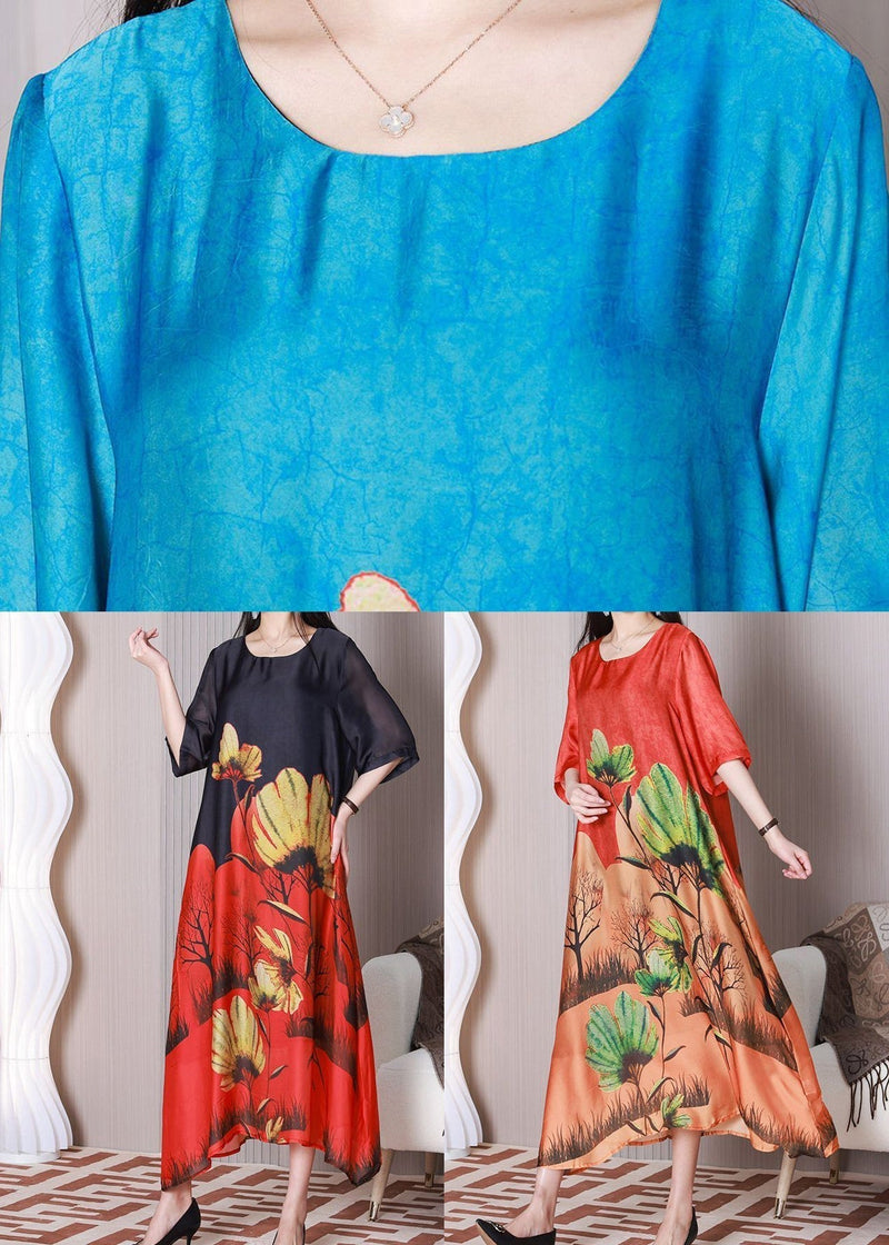 Stylish Black O-neck Print Silk Holiday Dress Half Sleeve