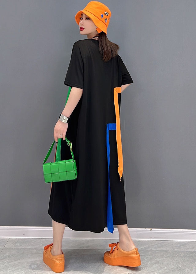 Stylish Black O-neck Rainbow Applique Cotton Lengthen Dress Short Sleeve