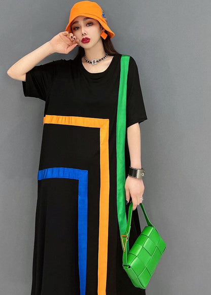 Stylish Black O-neck Rainbow Applique Cotton Lengthen Dress Short Sleeve
