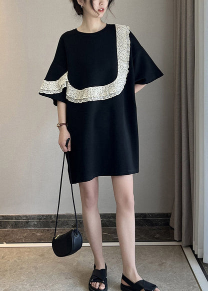 Stylish Black O-neck Ruffled Patchwork Mid Dresses Short Sleeve