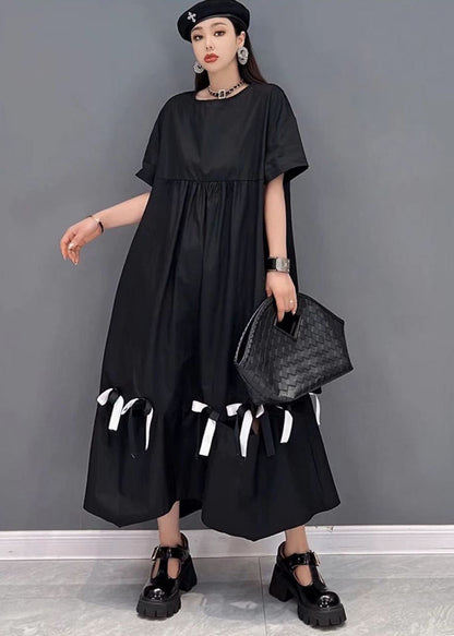 Stylish Black O-neck Wrinkled Cotton Long Dress Short Sleeve