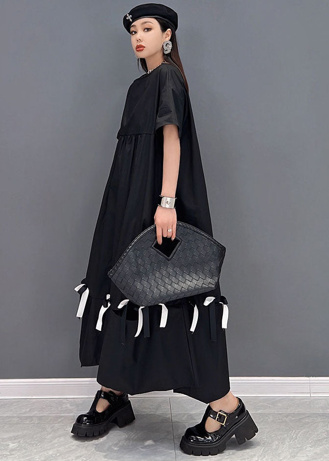 Stylish Black O-neck Wrinkled Cotton Long Dress Short Sleeve