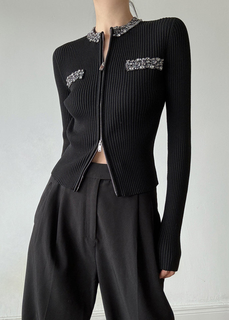 Stylish Black O-neck Zip Up Zircon Wool Cardigans Spring