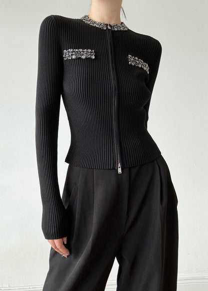 Stylish Black O-neck Zip Up Zircon Wool Cardigans Spring