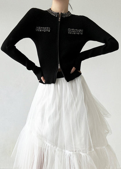 Stylish Black O-neck Zip Up Zircon Wool Cardigans Spring