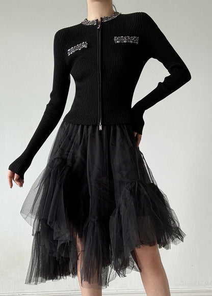 Stylish Black O-neck Zip Up Zircon Wool Cardigans Spring