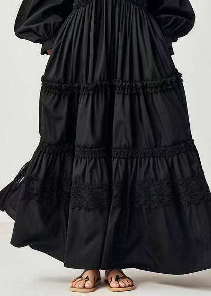 Stylish Black Oversized Cotton Long Dresses Lantern Sleeve