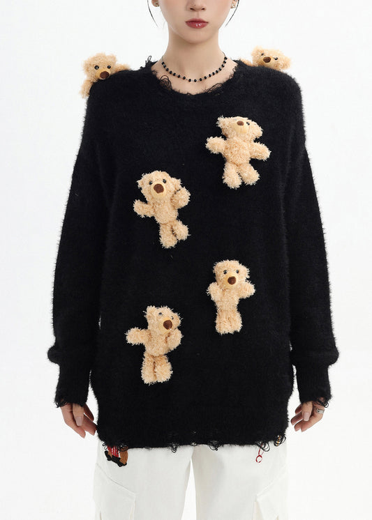 Stylish Black Oversized Bear Ripped Knitted Tops Winter