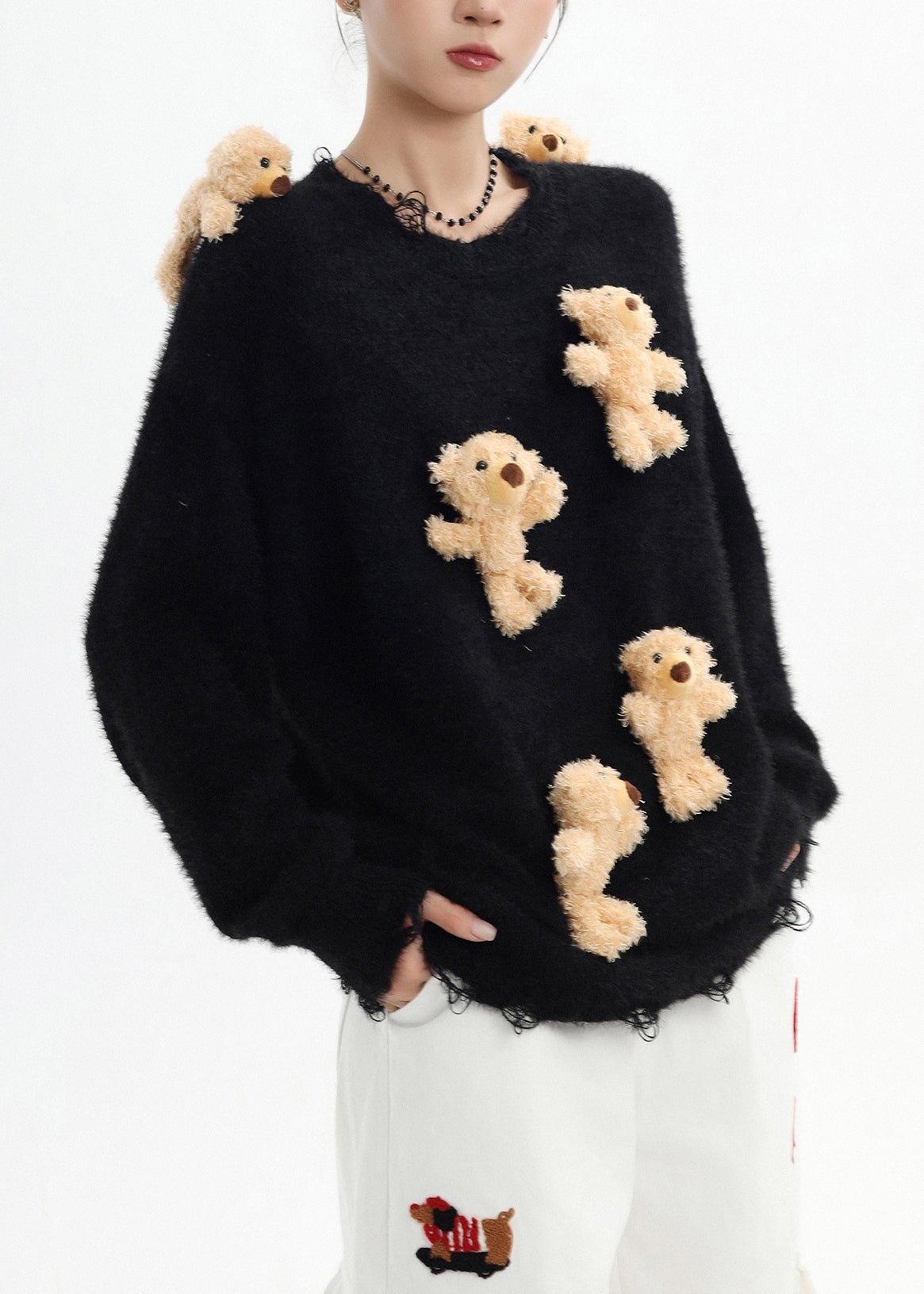 Stylish Black Oversized Bear Ripped Knitted Tops Winter