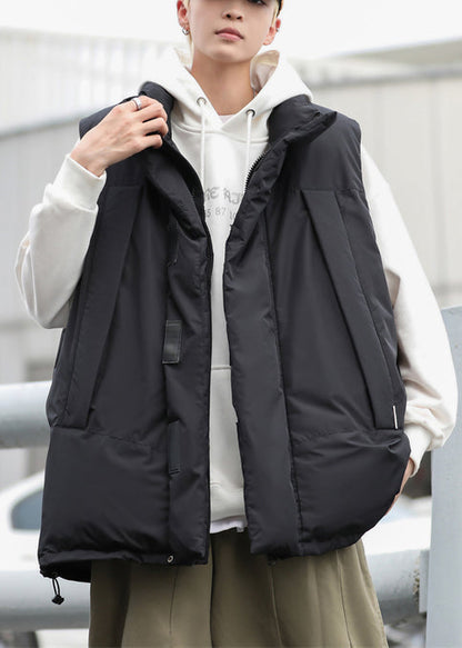 Stylish Black Oversized Drawstring Fine Cotton Filled Puffer Vests Winter