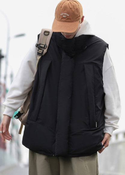 Stylish Black Oversized Drawstring Fine Cotton Filled Puffer Vests Winter