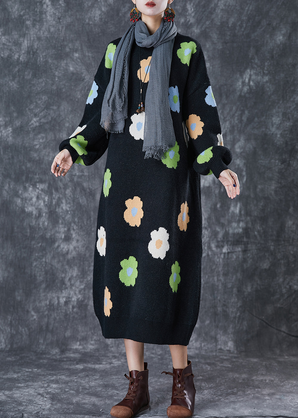 Stylish Black Oversized Knit Long Dress Fall