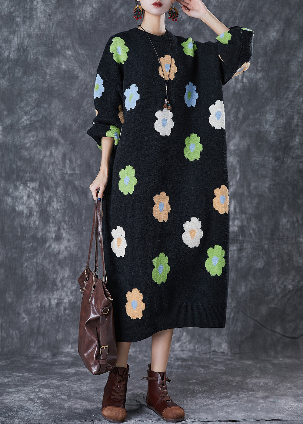 Stylish Black Oversized Knit Long Dress Fall