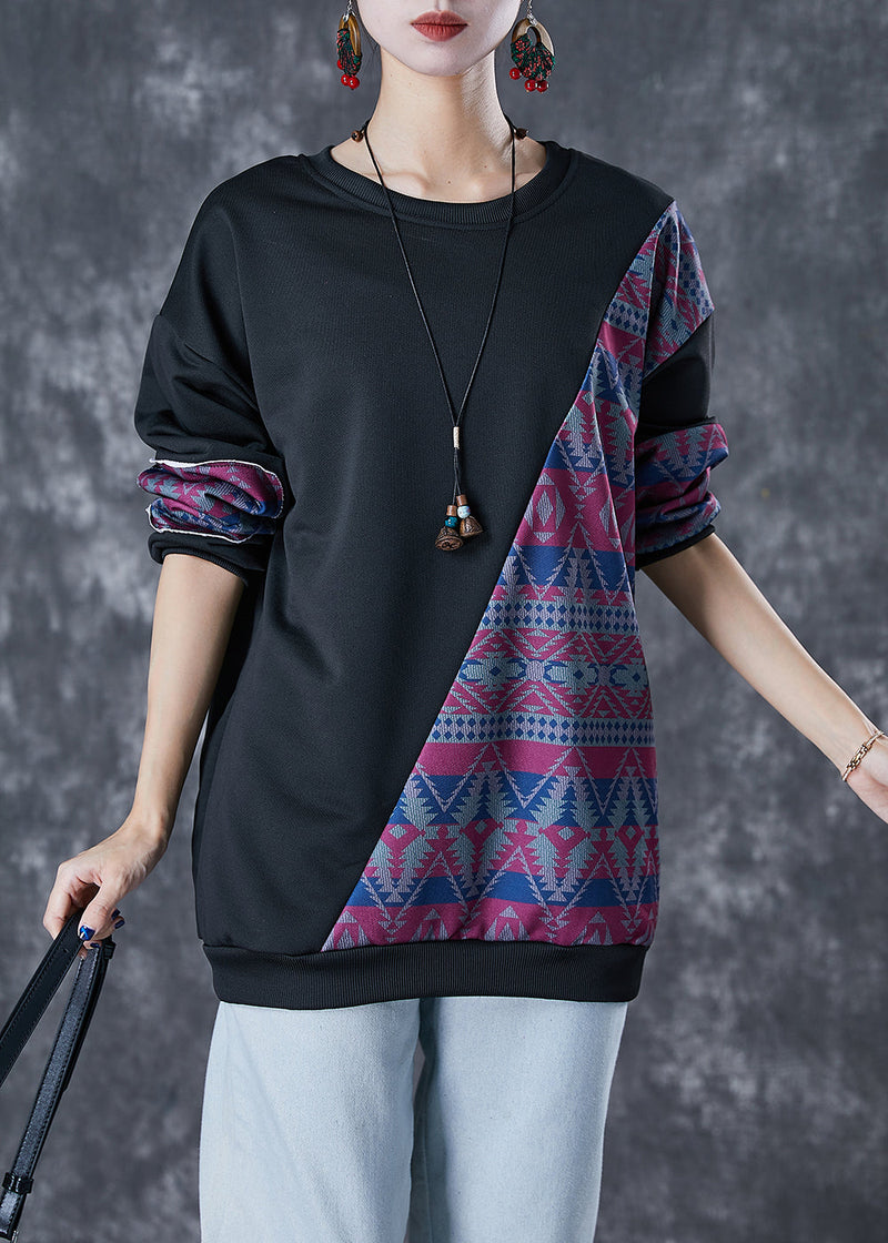 Stylish Black Oversized Patchwork Cotton Sweatshirt Fall