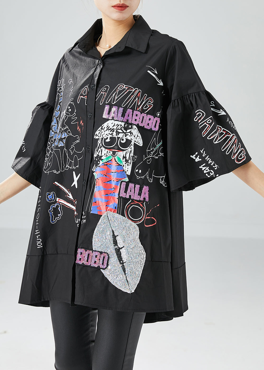 Stylish Black Oversized Patchwork Print Cotton Shirt Top Puff Sleeve