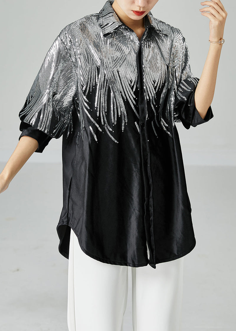 Stylish Black Oversized Sequins Spandex Coats Spring