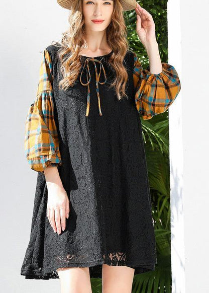 Stylish Black Patchwork Lantern Sleeve Lace Maxi Dress Summer