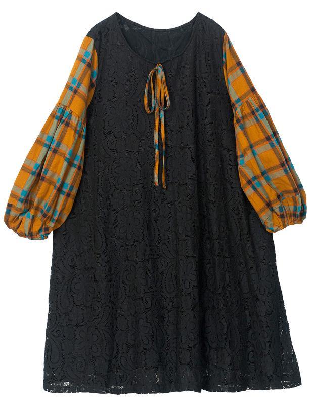Stylish Black Patchwork Lantern Sleeve Lace Maxi Dress Summer