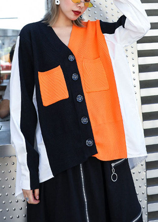 Stylish Black Patchwork Orange Pockets Asymmetrical Design Fall Knit Top