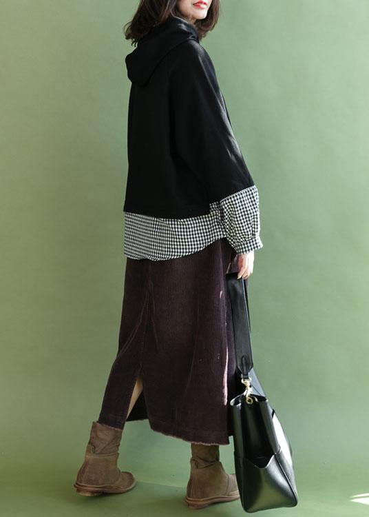 Stylish Black Patchwork Plaid Pockets Fall Loose Pullover Street Wear