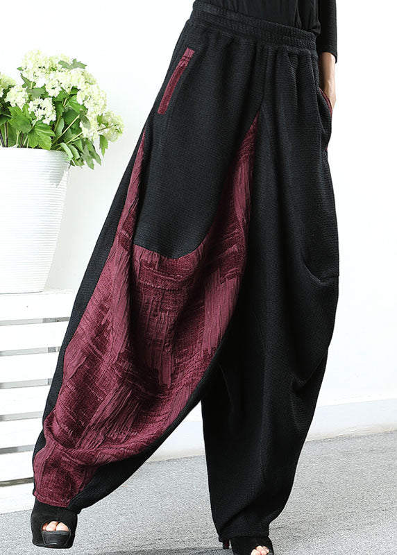 Stylish Black Patchwork Red Asymmetrical Design Pants Winter