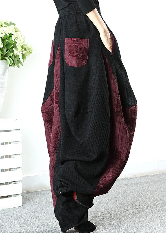 Stylish Black Patchwork Red Asymmetrical Design Pants Winter