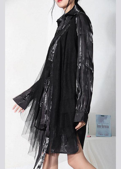 Stylish Black Patchwork Tulle tie waist asymmetrical design Summer Top