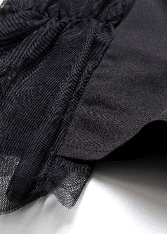 Stylish Black Patchworktulle Asymmetrical Design Wide Leghot Pants Trousers