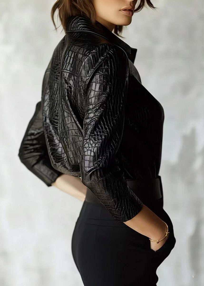 Stylish Black Peter Pan Collar Button Faux Leather Shirts Spring