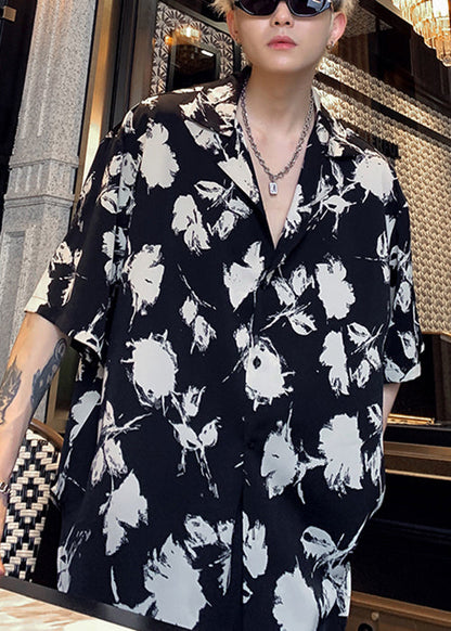 Stylish Black Peter Pan Collar Button Print Cotton Shirts Half Sleeve