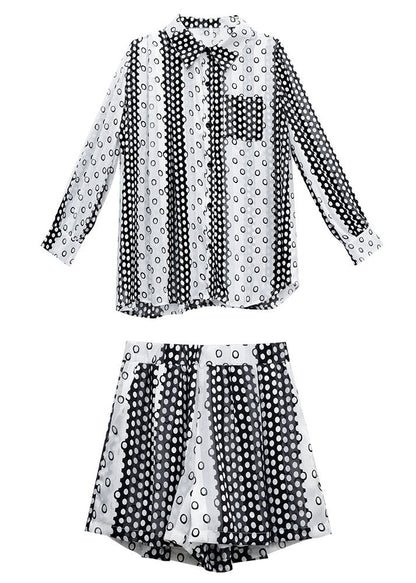 Stylish Black Peter Pan Collar Dot Print Chiffon Long Shirts and Shorts Two Piece Set Short Sleeve