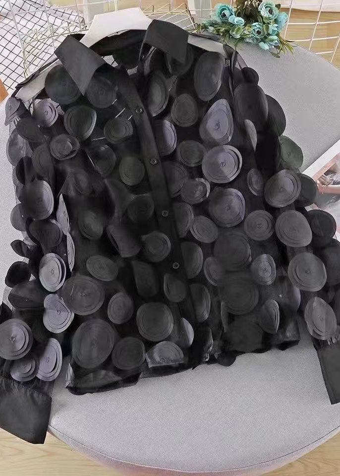 Stylish Black Peter Pan Collar Patchwork Chiffon Shirt Top Spring